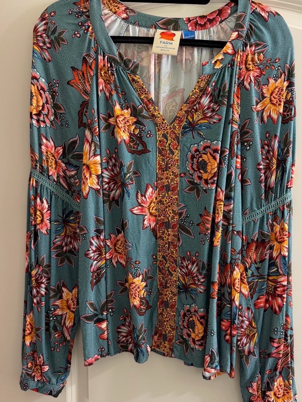 Anthropologie pFARM Rio Teal Floral Tie-Neck Tunic with Yellow & Red Blooms